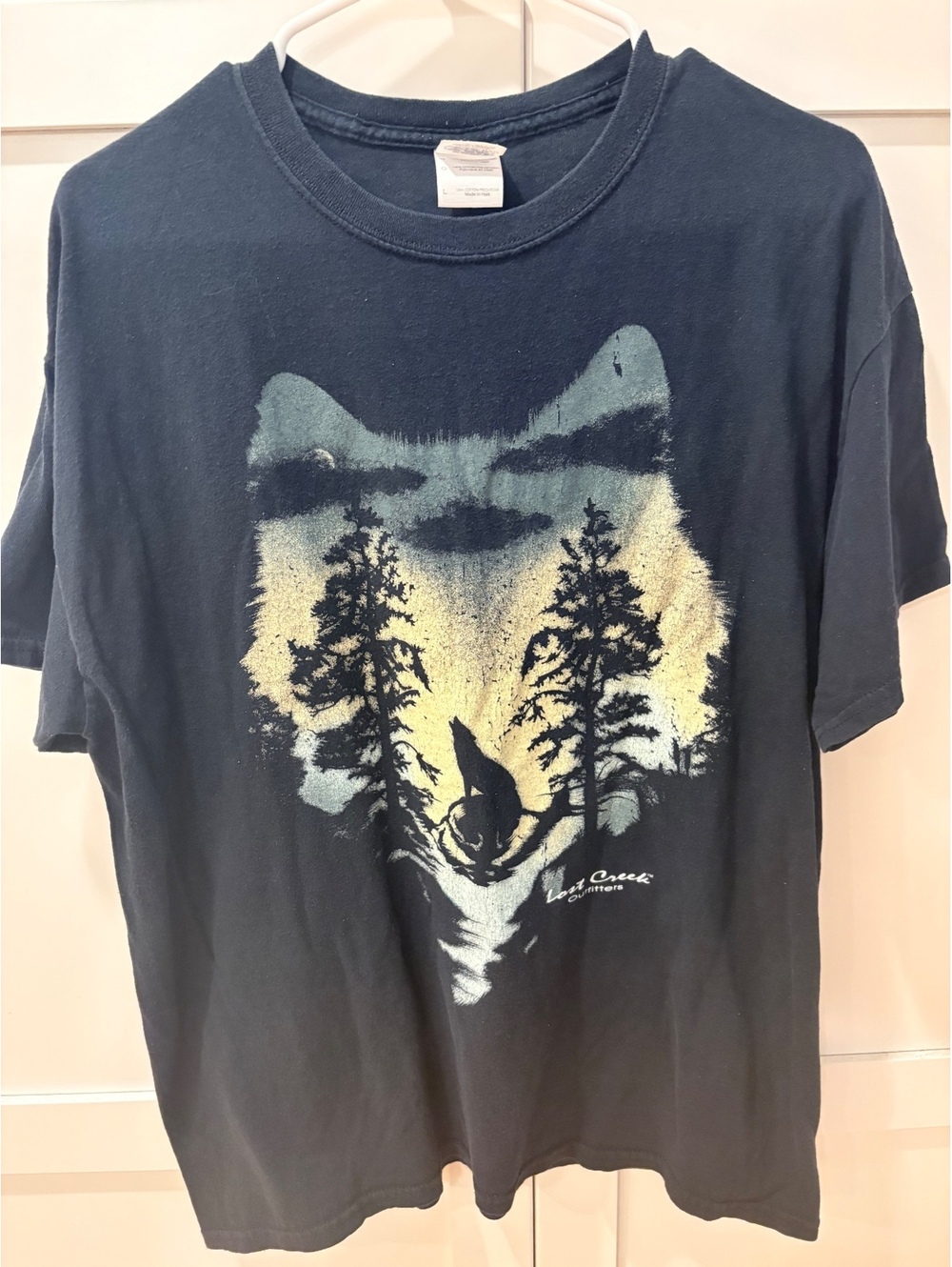 90s Lost Creek Outfitters Black Graphic Wolf T-Shirt Gildan Heavy Cotton Large